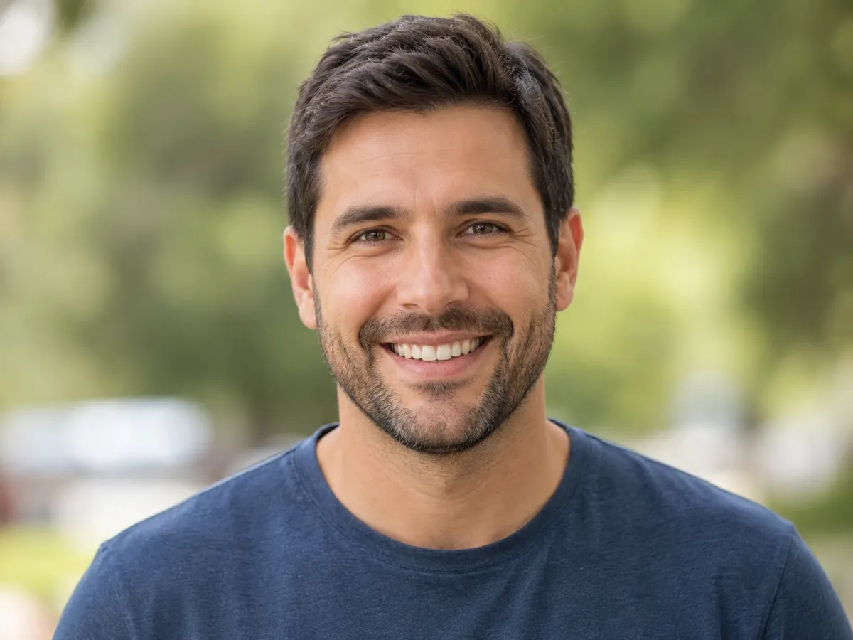 Before — a color portrait photo of a smiling man, ready for AI photo to sketch conversion