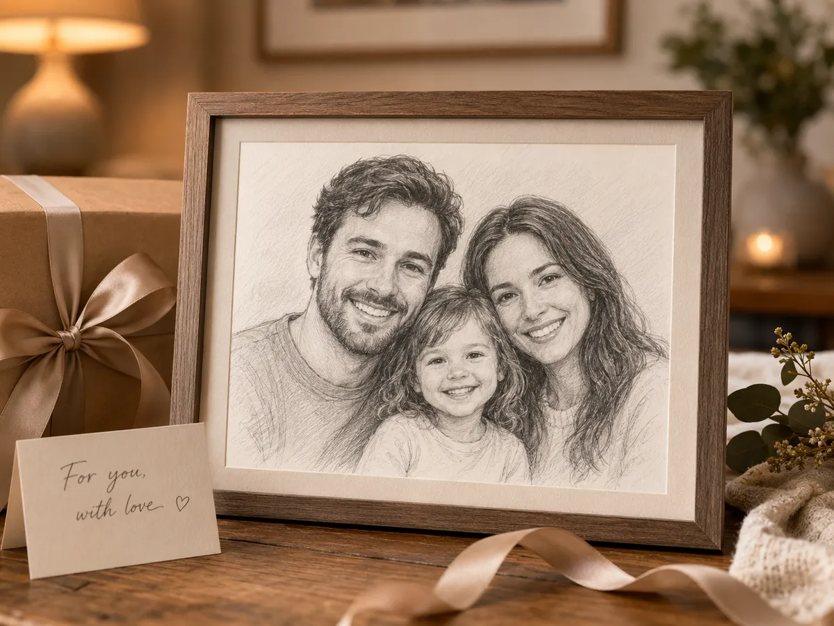AI photo to sketch use case — a family photo turned into a framed pencil sketch portrait gift
