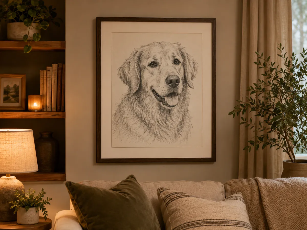 AI photo to sketch use case — a pet photo turned into a sketch printed as framed wall art