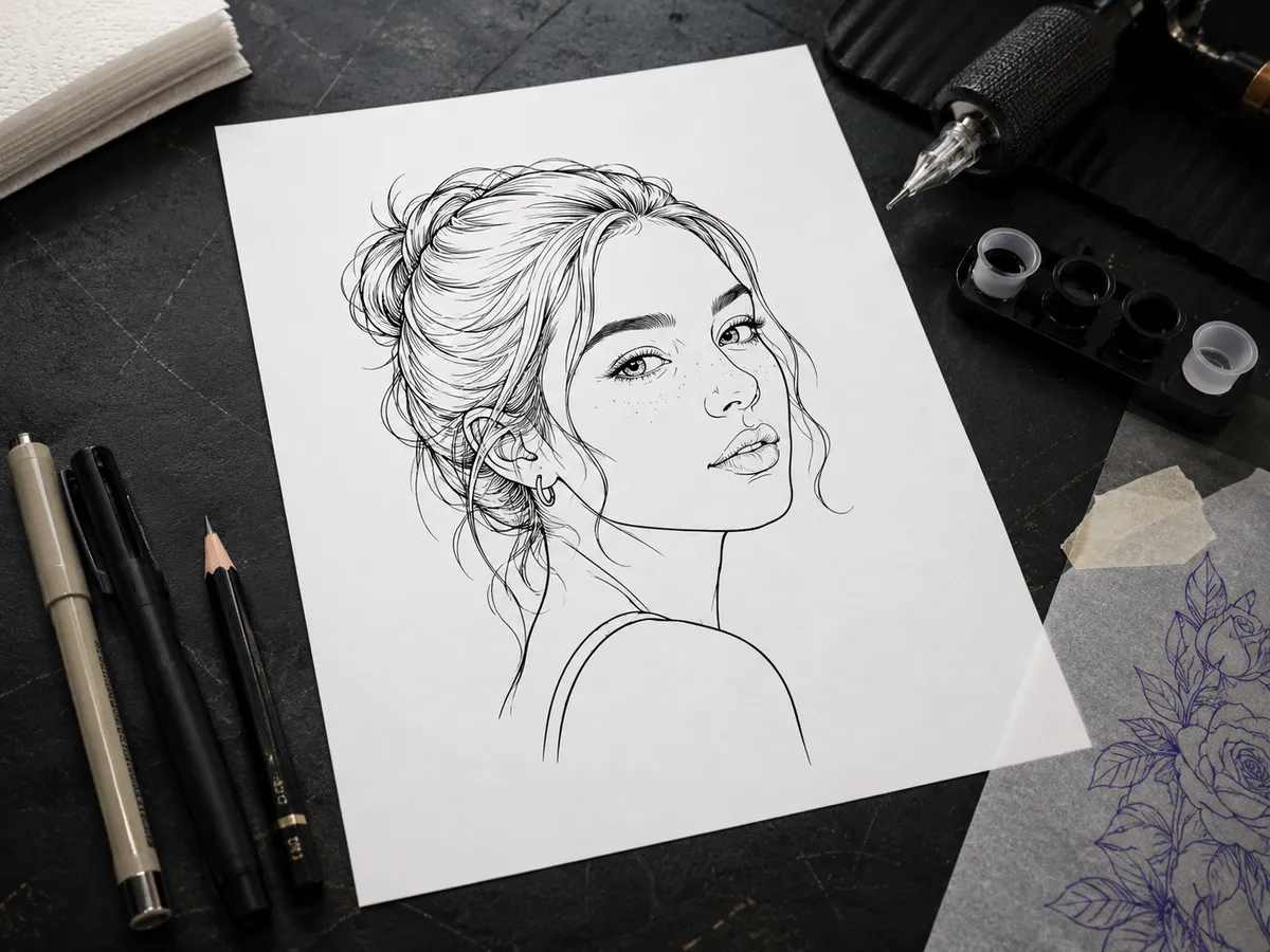 AI photo to sketch use case — a photo converted into a line-art sketch used as a tattoo reference