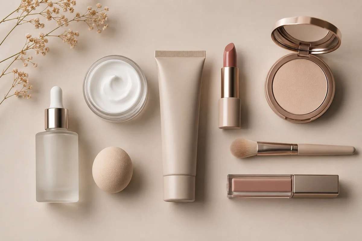 Product catalogs use case — a flat-lay of consistent AI product mockups for a catalog