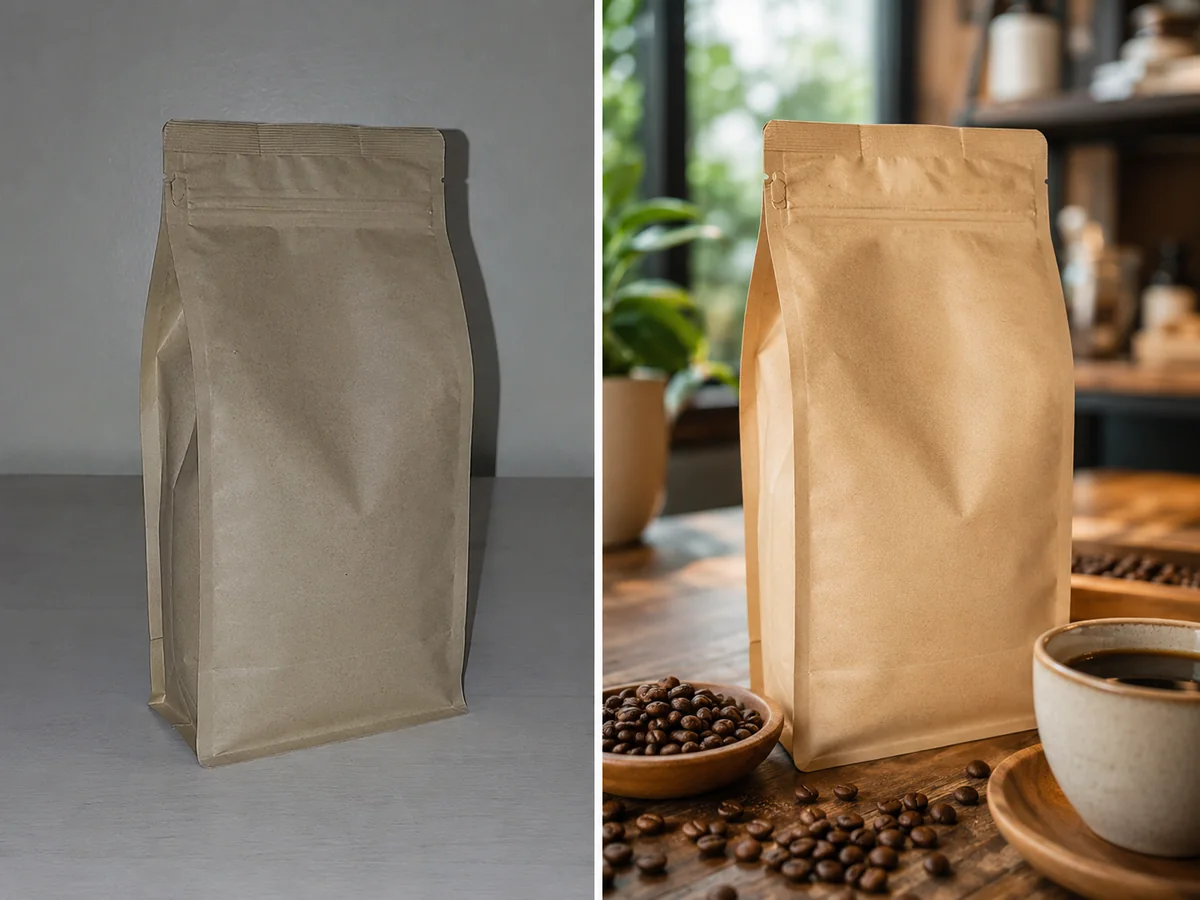 What is an AI product mockup generator — a coffee bag shown before and after AI turns it into a studio-quality mockup