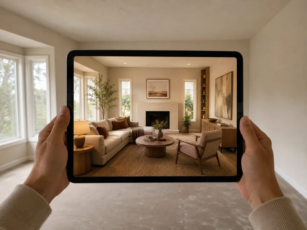 AI Room Designer step 3 — reviewing the finished room design on a tablet