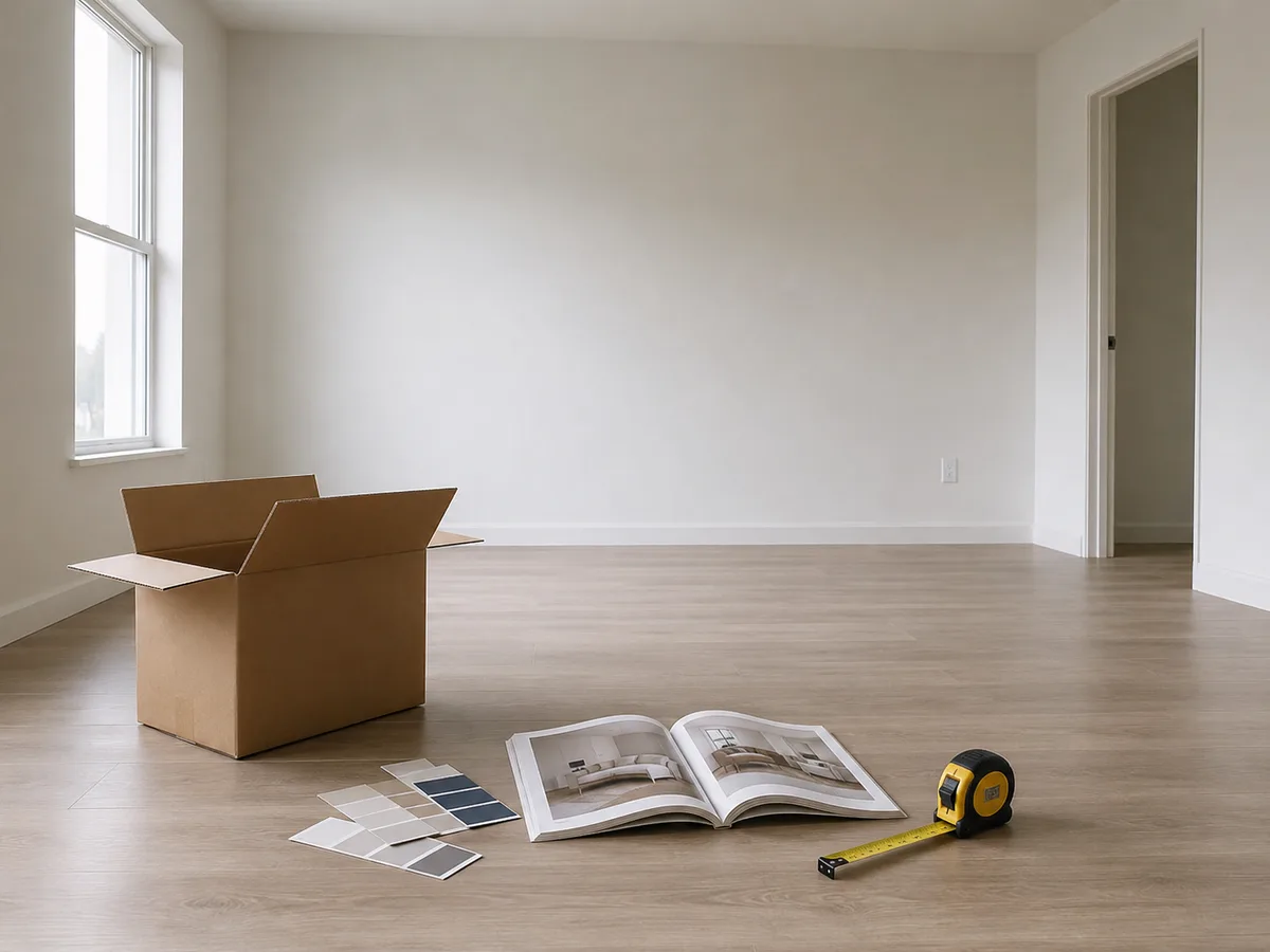 An empty room with paint swatches and a furniture catalog — hard to plan without an AI room designer