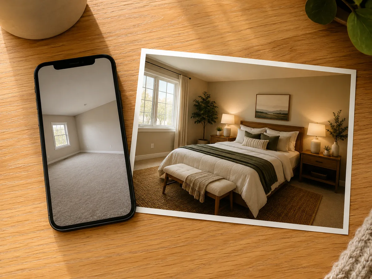 AI room design example — a phone photo of a plain bedroom beside its AI-redesigned version