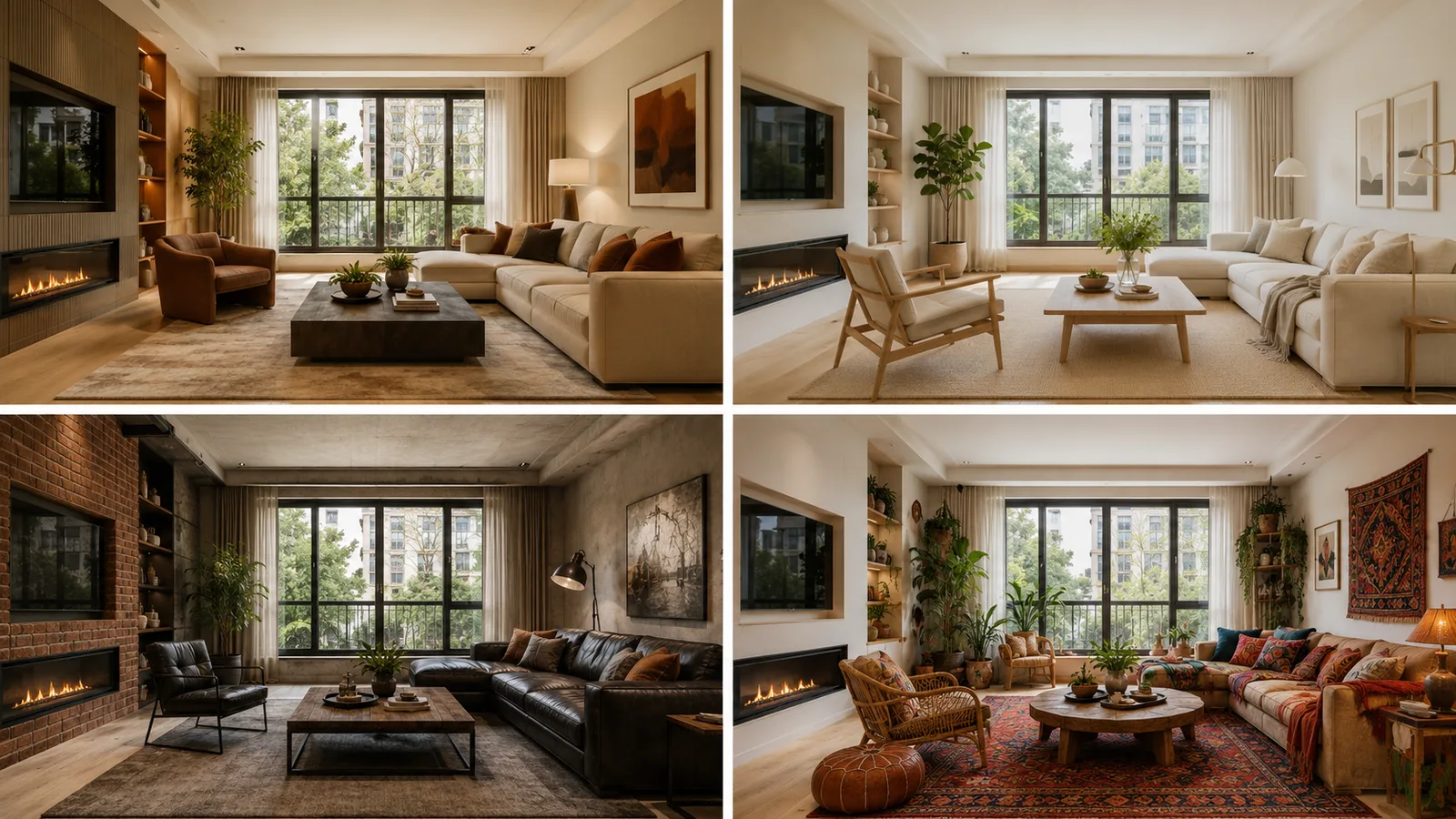One living room shown in four AI room design styles: modern, Scandinavian, industrial and boho