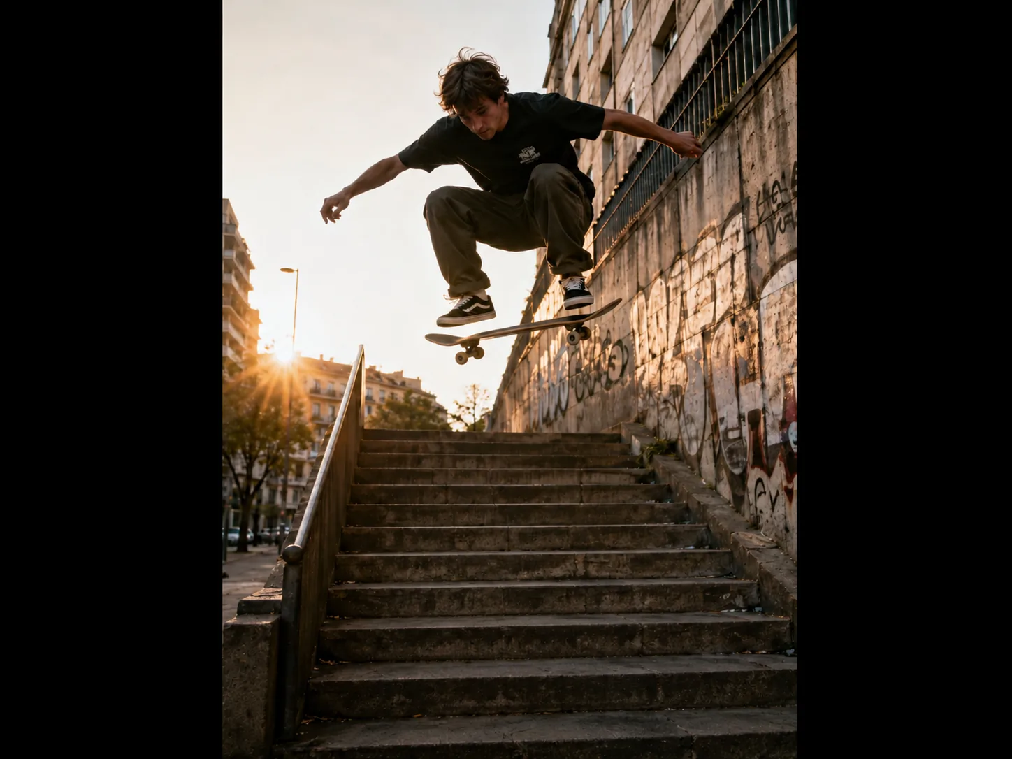 Before and after AI text remover — a TikTok-style skateboarding video frame with caption text turned into a clean, text-free image