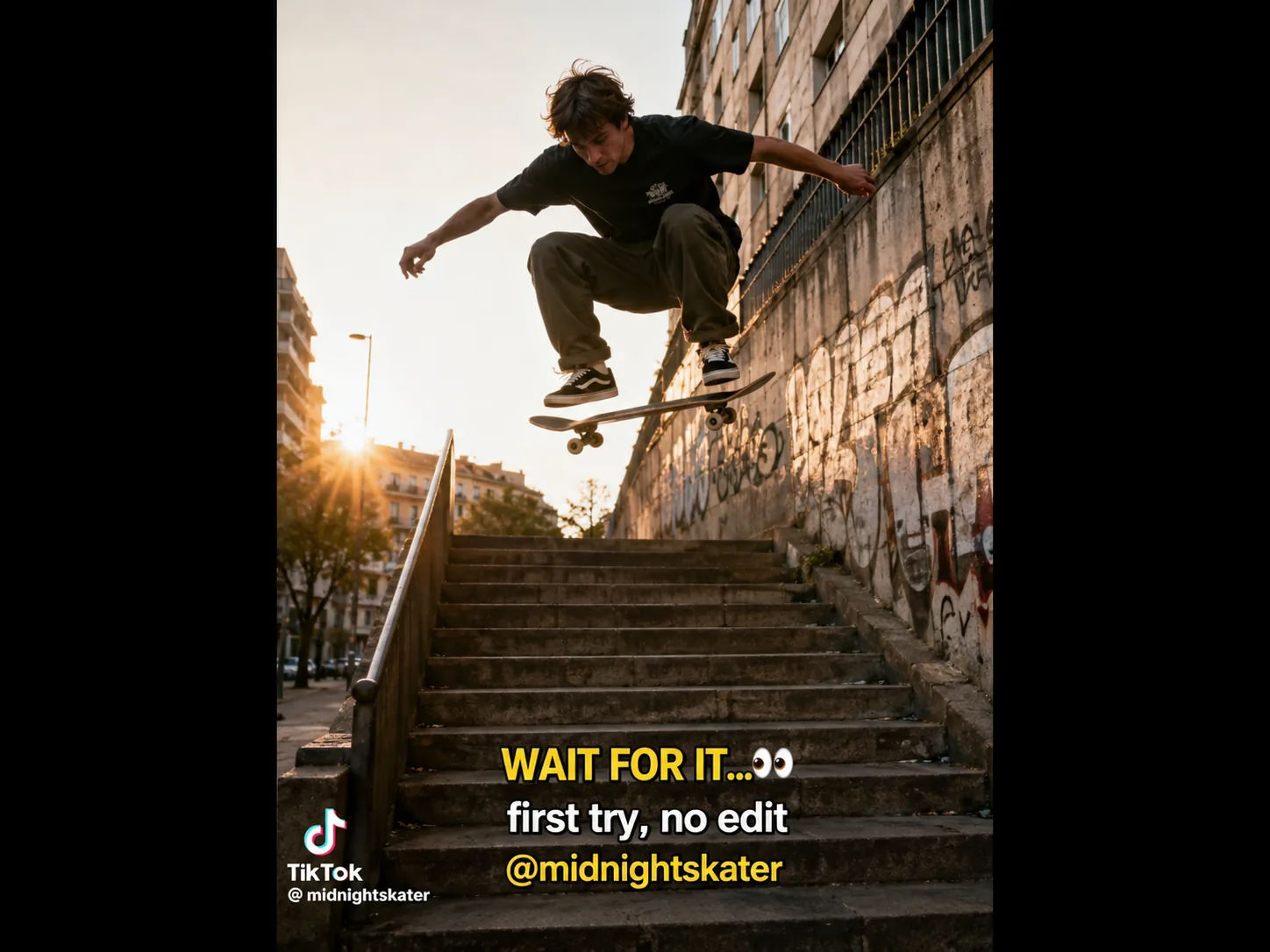 Before and after AI text remover — a TikTok-style skateboarding video frame with caption text turned into a clean, text-free image