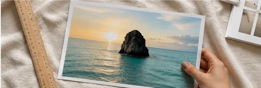 A clean, text-free coastal sunset photo printed as a fine-art photo print — the final result of the Imya AI text remover