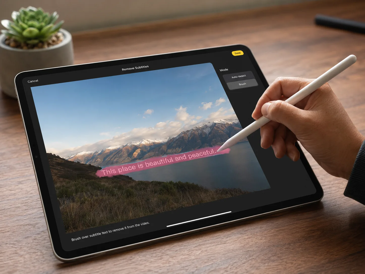 Step 2 of the AI text remover — brushing over white subtitle caption text on a landscape photo on a tablet with an Apple Pencil