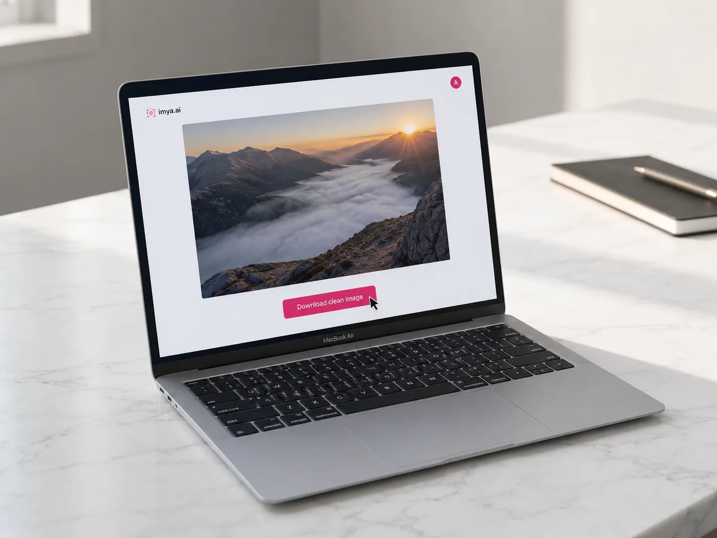 Step 3 of the AI text remover — downloading a clean, text-free mountain sunrise photo from a MacBook