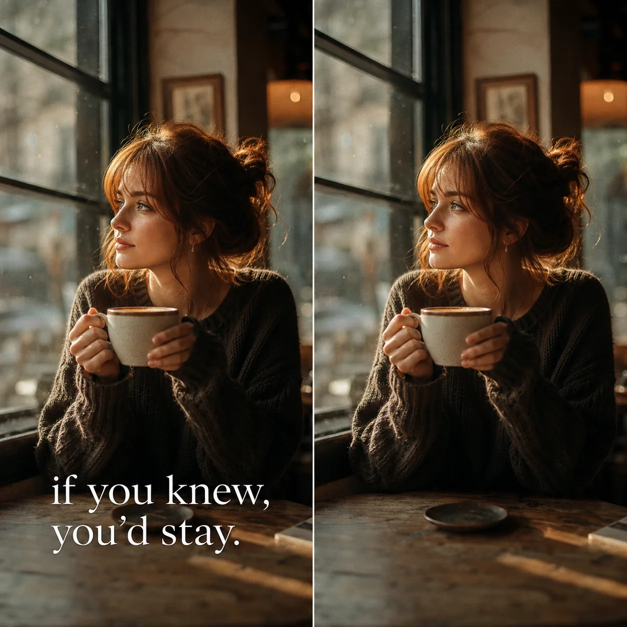 AI text remover preview — a cafe portrait photo cleaned of large white movie-style subtitle caption text