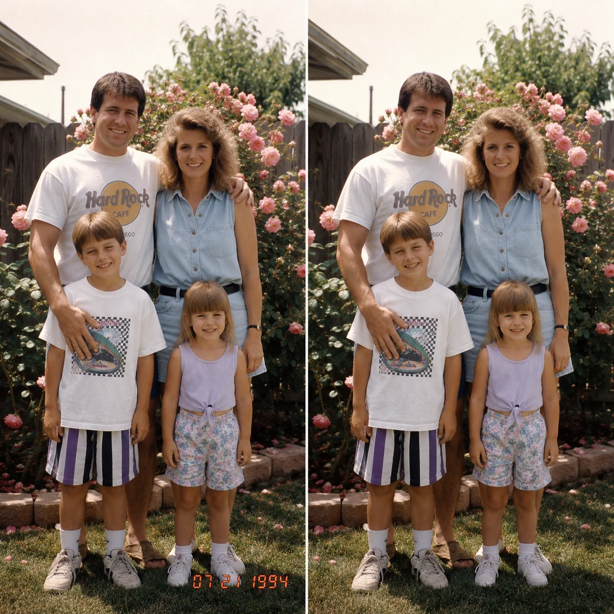 AI text remover preview — a 1990s family garden photo with the orange date stamp cleanly erased