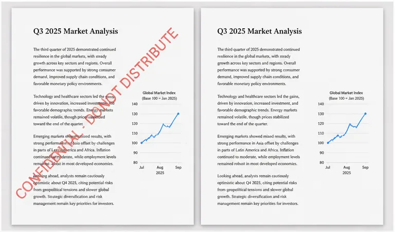 AI text remover preview — a PDF document page with the red CONFIDENTIAL DRAFT watermark text cleanly erased