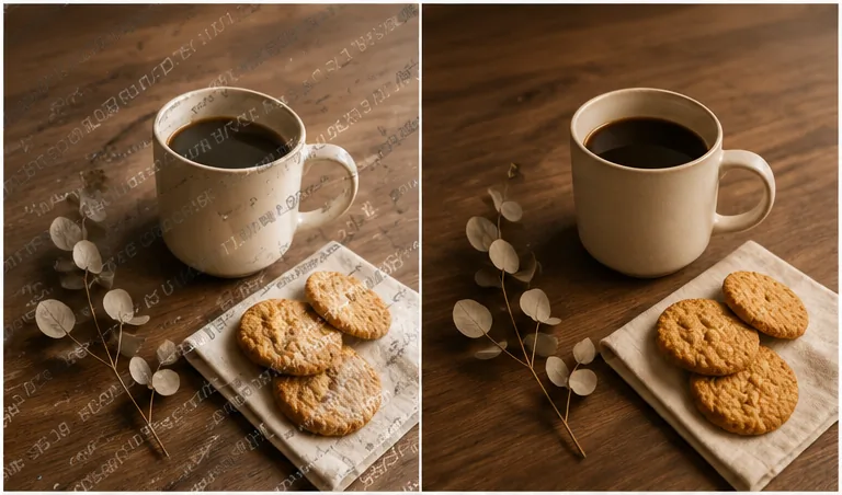AI text remover preview — a ceramic coffee cup product photo cleaned of a diagonal SAMPLE preview watermark text