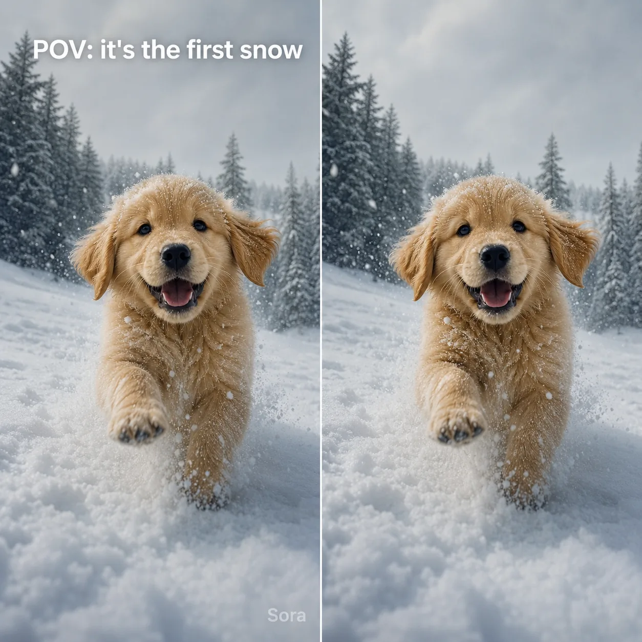 AI text remover preview — a Sora-style snow puppy video frame with POV caption text cleanly removed