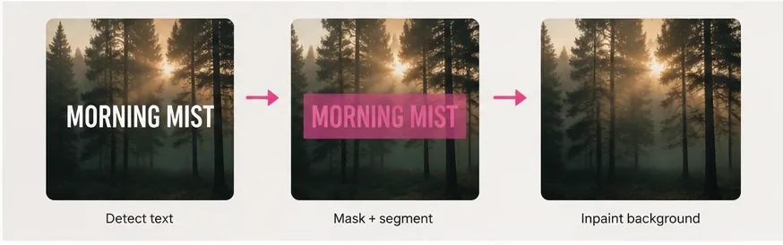 Three-step diagram showing how the Imya AI text remover detects, masks and rebuilds the background under overlay text on a misty forest photo
