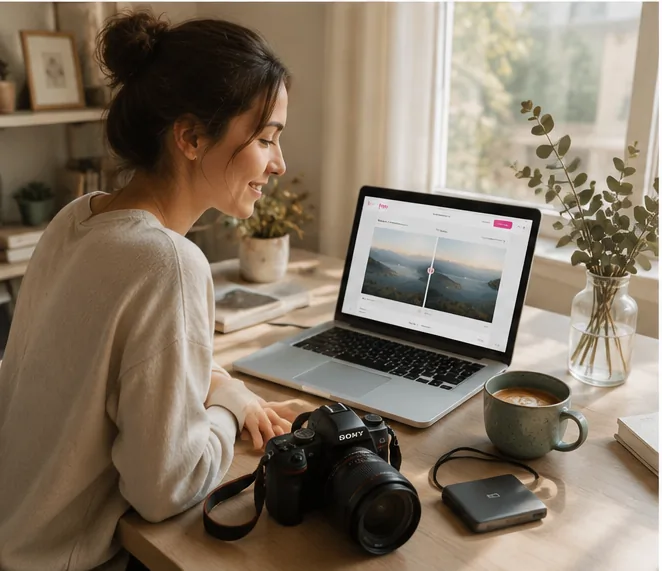 A content creator smiling at a laptop while using the free Imya AI text remover in a sunlit home studio