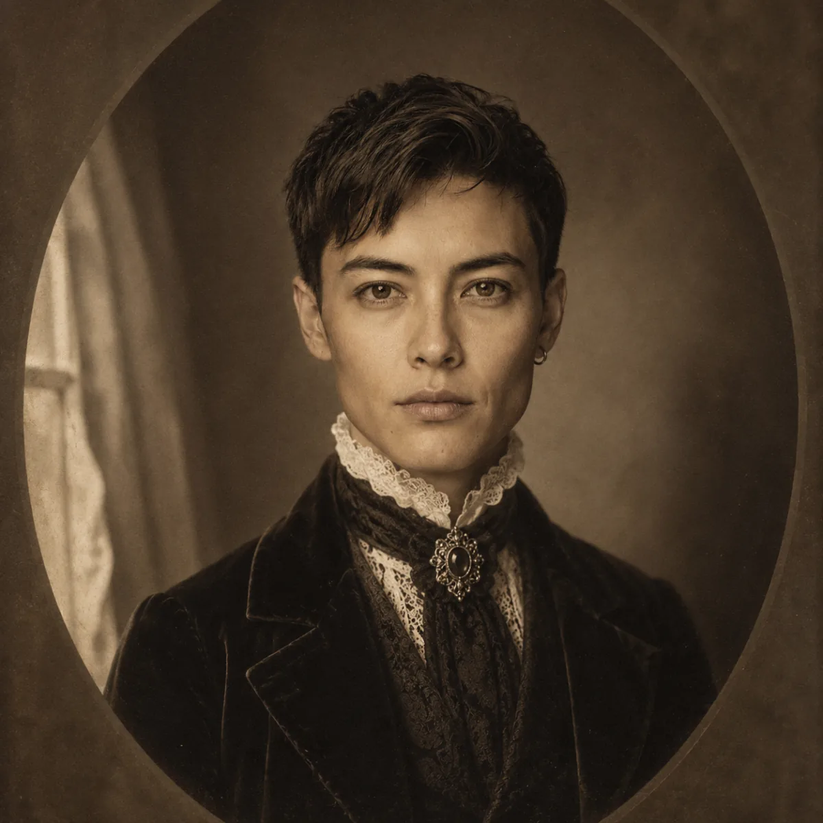 Before and after AI Time Travel Photo — a modern portrait restyled into a Victorian 1880s aristocrat