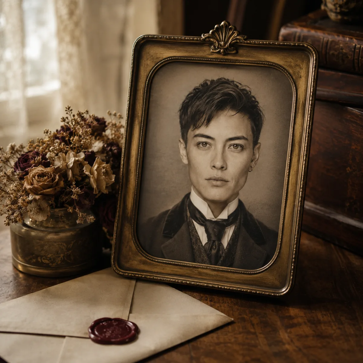 AI Time Travel Photo printed as a framed Victorian keepsake on a wooden desk