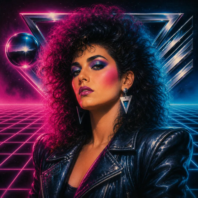 AI Time Travel Photo Neon 80s — synthwave portrait with neon grid