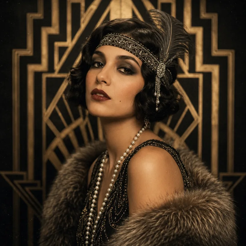AI Time Travel Photo Roaring 20s — flapper portrait with art-deco backdrop