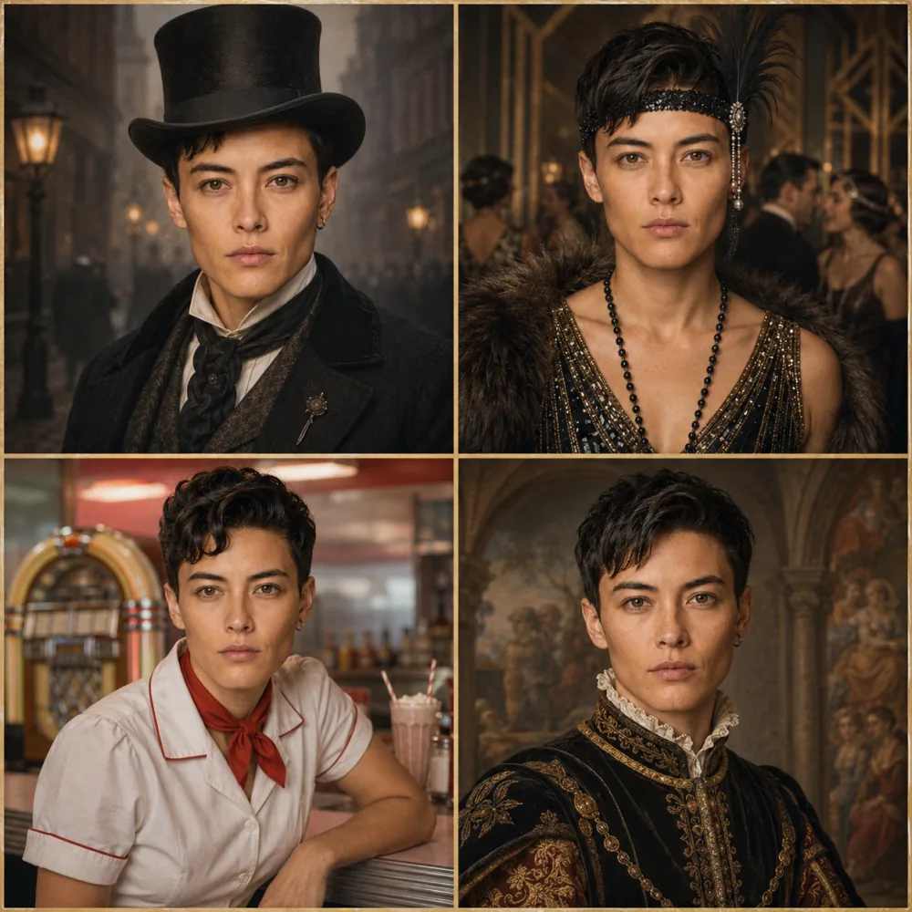 AI Time Travel Photo for social media — four time traveler portraits in a 2x2 grid