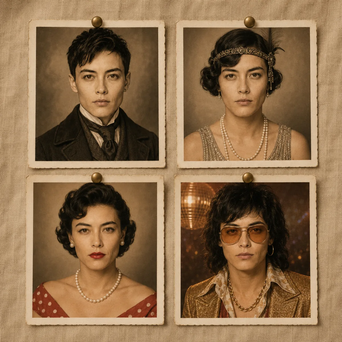 AI Time Travel Photo collage — one portrait across four historical eras: Victorian, 1920s flapper, 1950s diner, Disco 70s