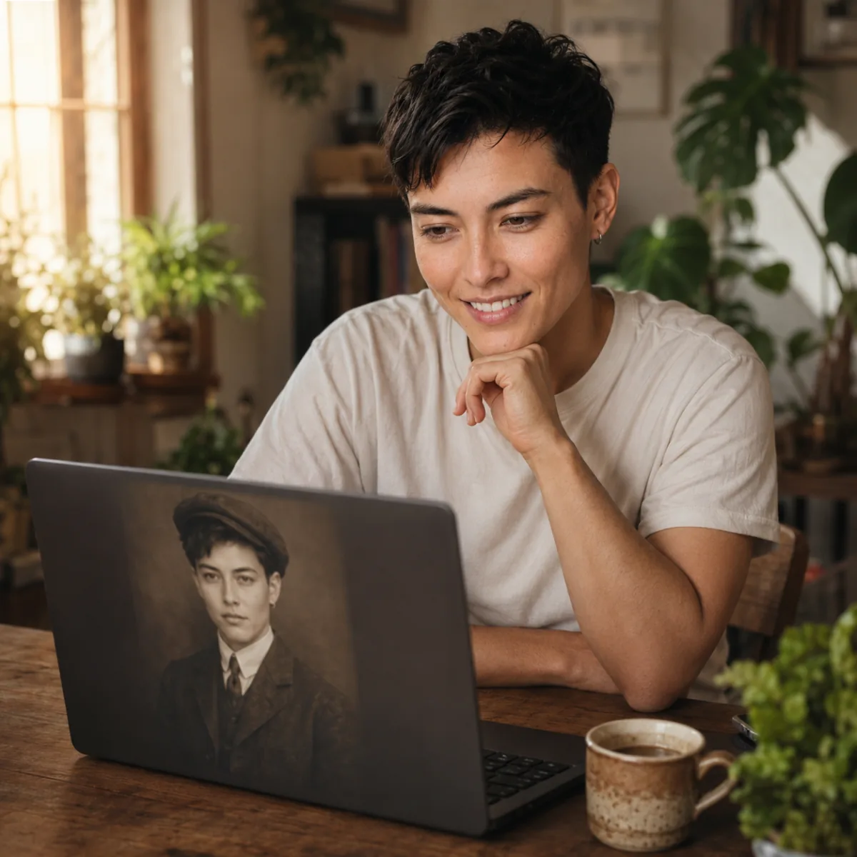 Creator delighted by AI Time Travel Photo results from Imya on a laptop