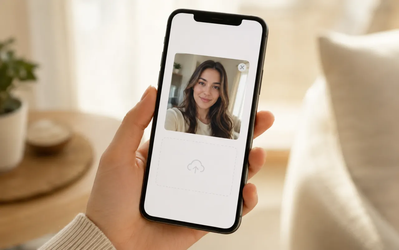 AI time travel video step 1 — uploading a clear front-facing selfie on a phone