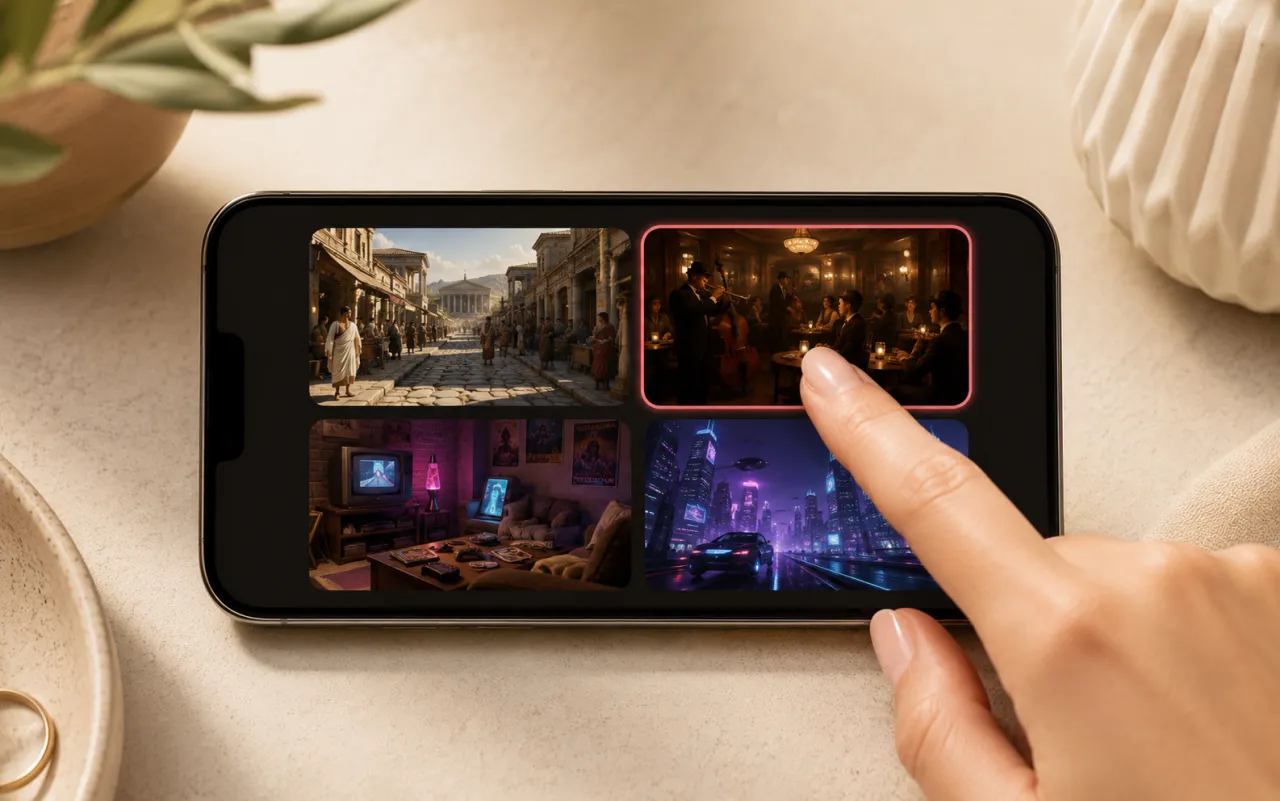 AI time travel video step 2 — picking a historical era from the scene grid on a phone