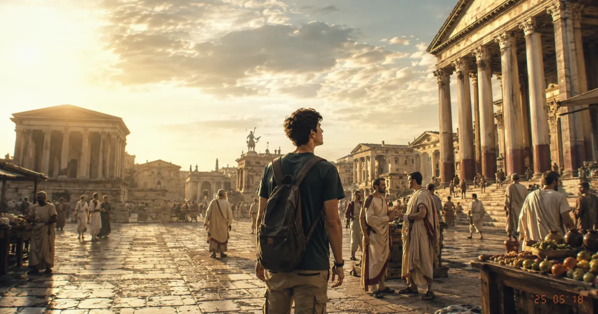 AI time travel video of a modern traveler standing in an ancient Roman forum