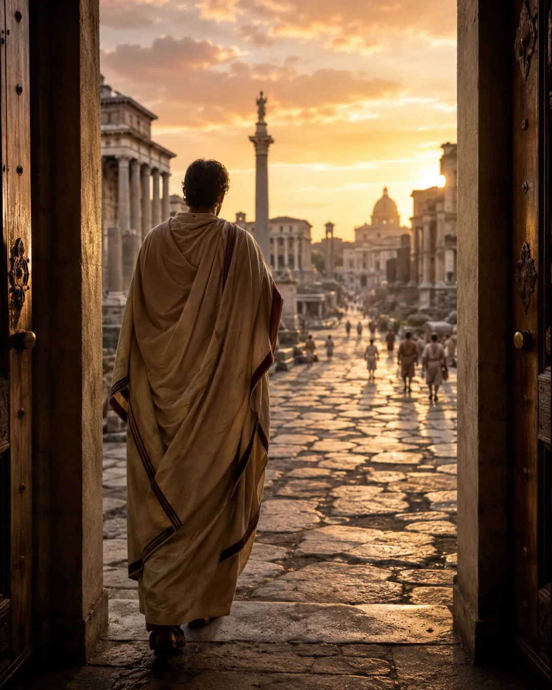 AI time travel video prompt result — a cinematic GPT or Sora clip of ancient Rome at golden hour