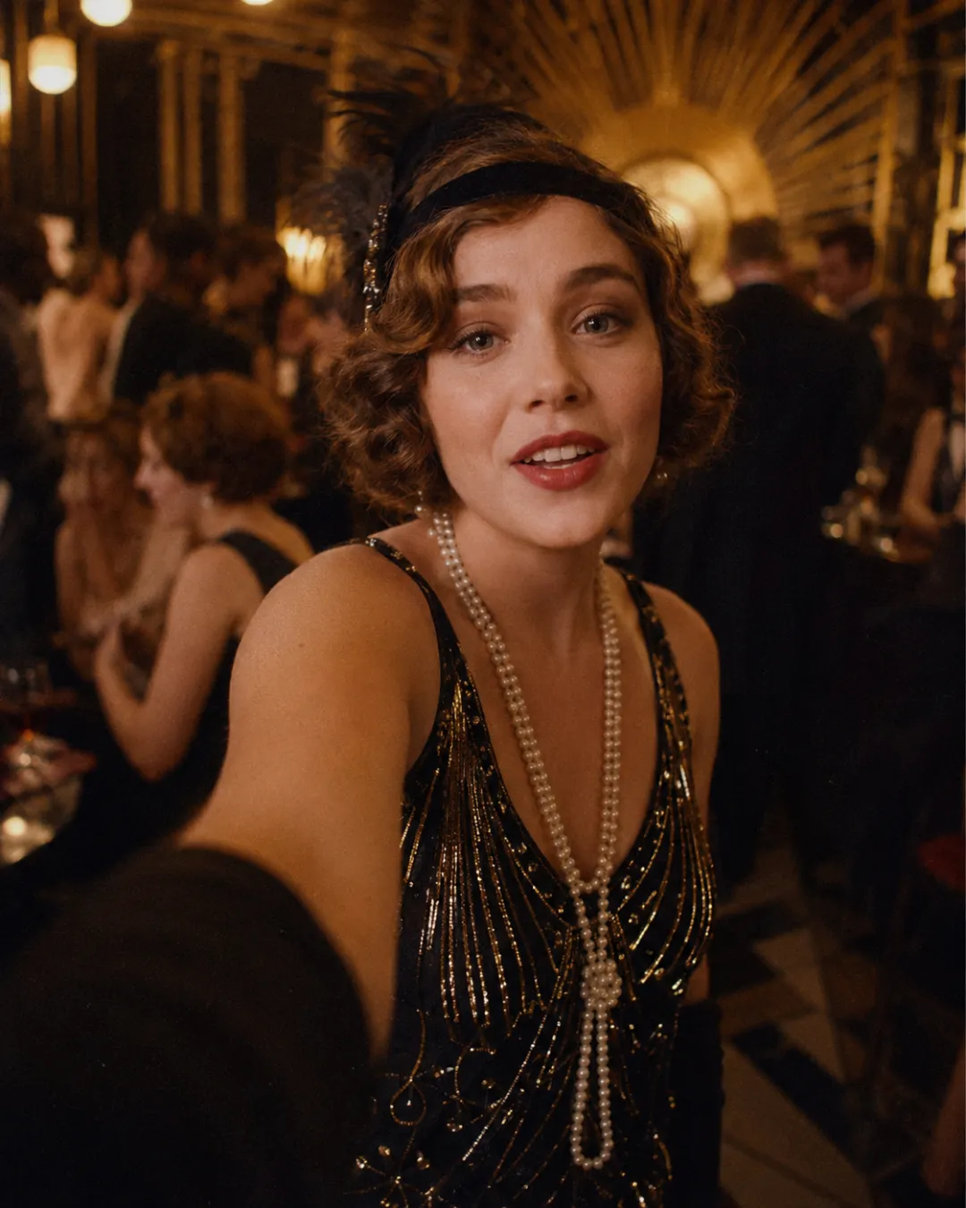 AI time travel video prompt result — a 1920s flapper filming a vlog selfie