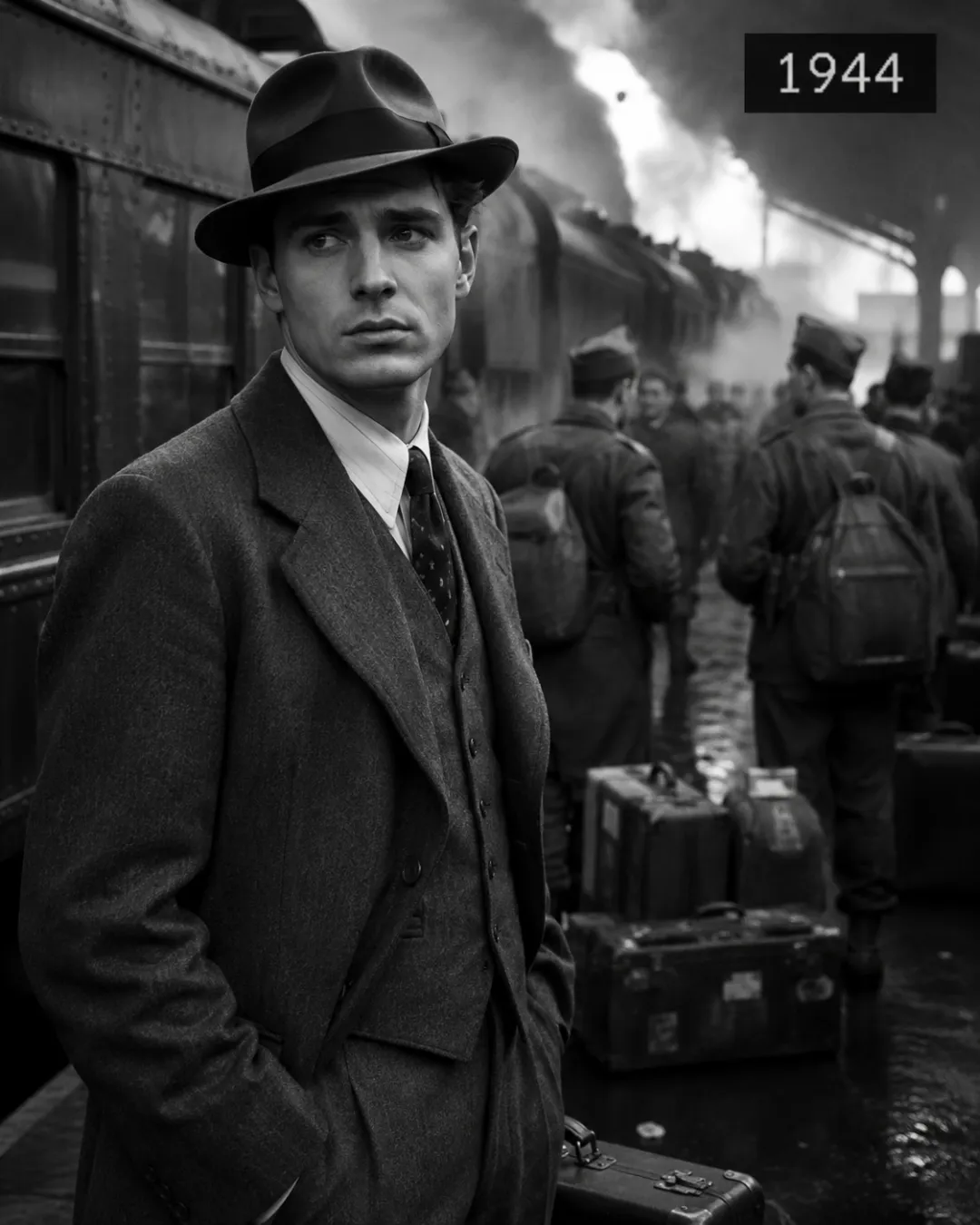 AI time travel video scene — a 1944 newsreel-style portrait at a wartime train platform