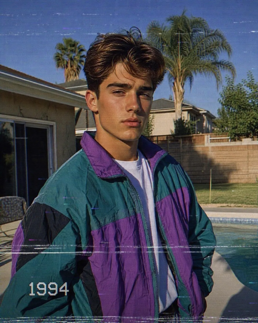 AI time travel video scene — a 90s VHS-tape look in a suburban 1994 backyard