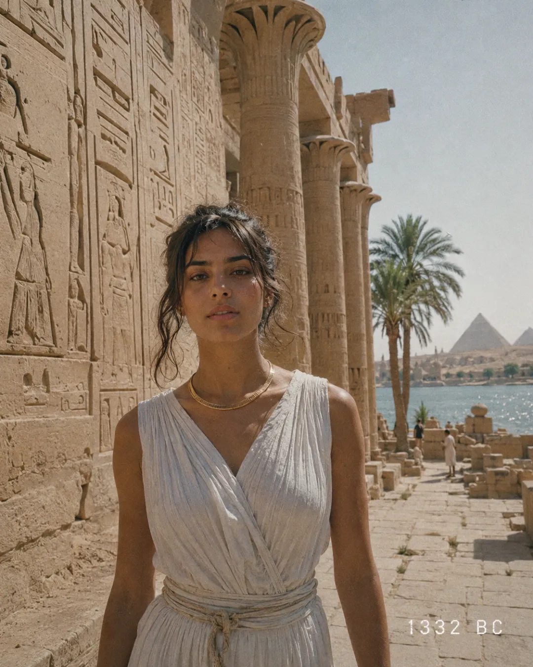 AI time travel video scene — a traveler beside an ancient Egyptian temple by the Nile