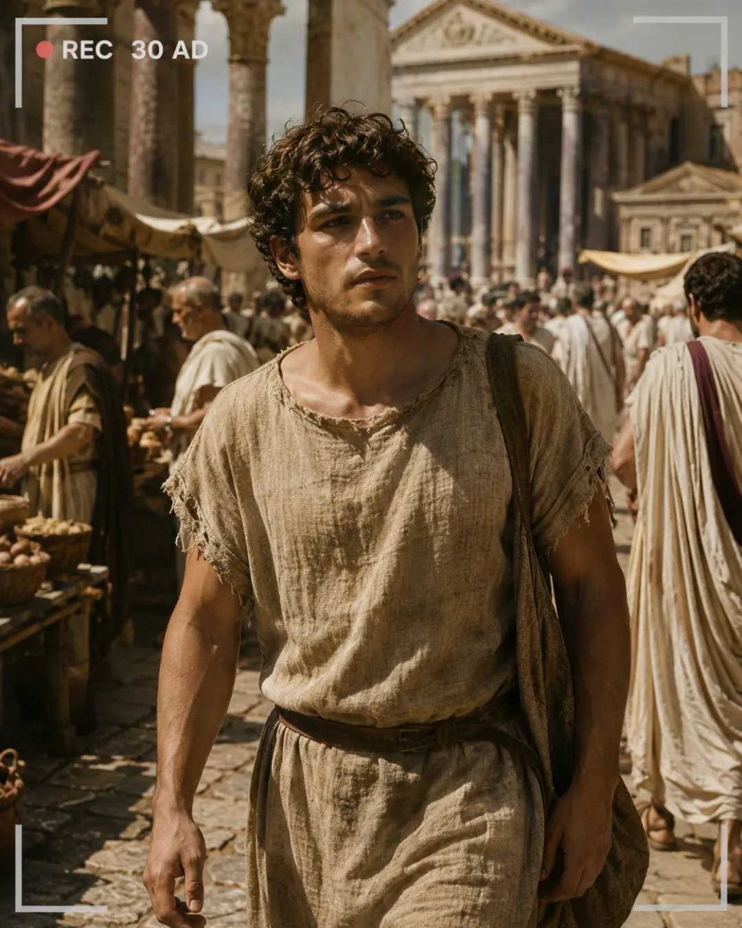 AI time travel video scene — a modern traveler in a sunlit Roman forum marked REC 30 AD
