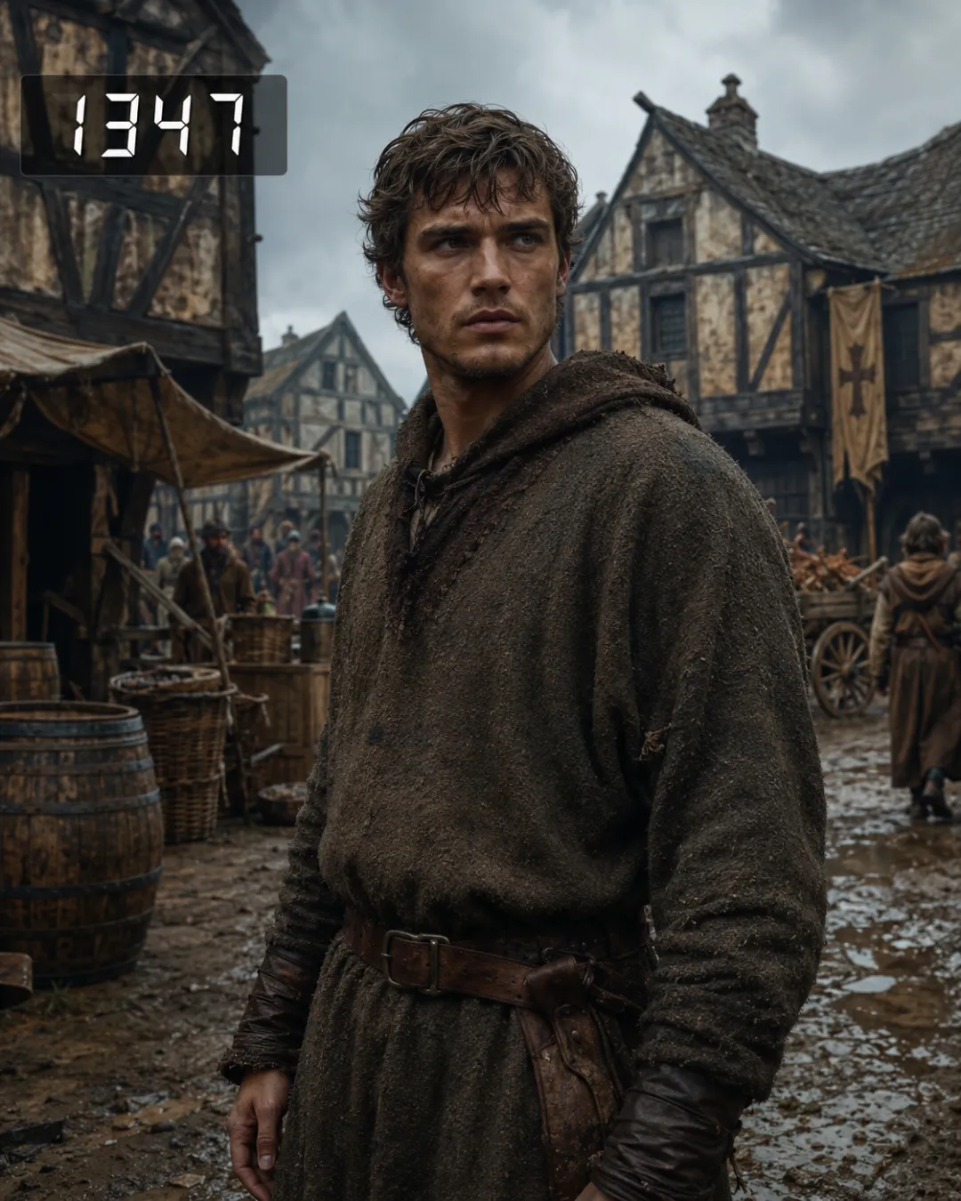 AI time travel video scene — a traveler in a muddy medieval market town in 1347