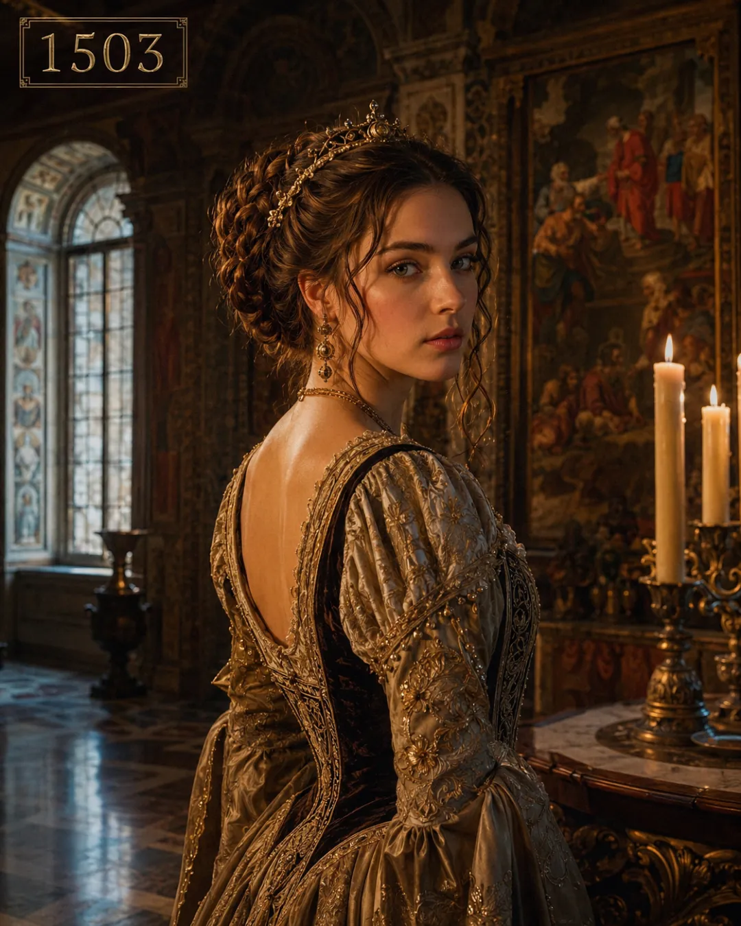 AI time travel video scene — a woman in a Renaissance gown in a 1503 candlelit palazzo