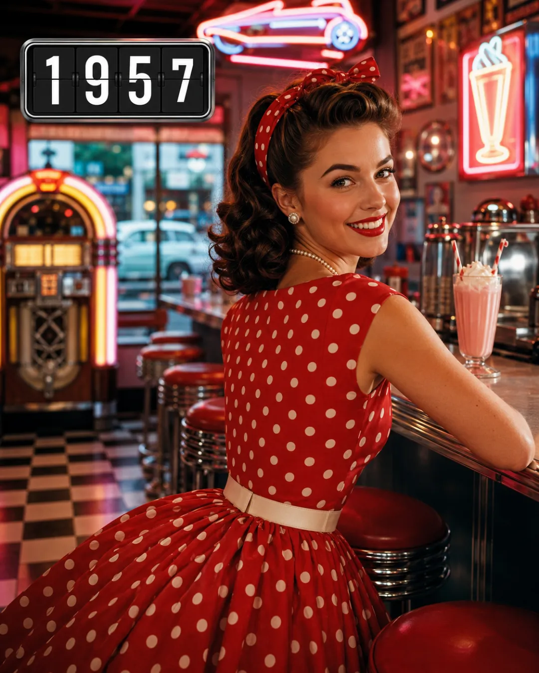 AI time travel video scene — a 1950s pin-up at a retro American diner in 1957