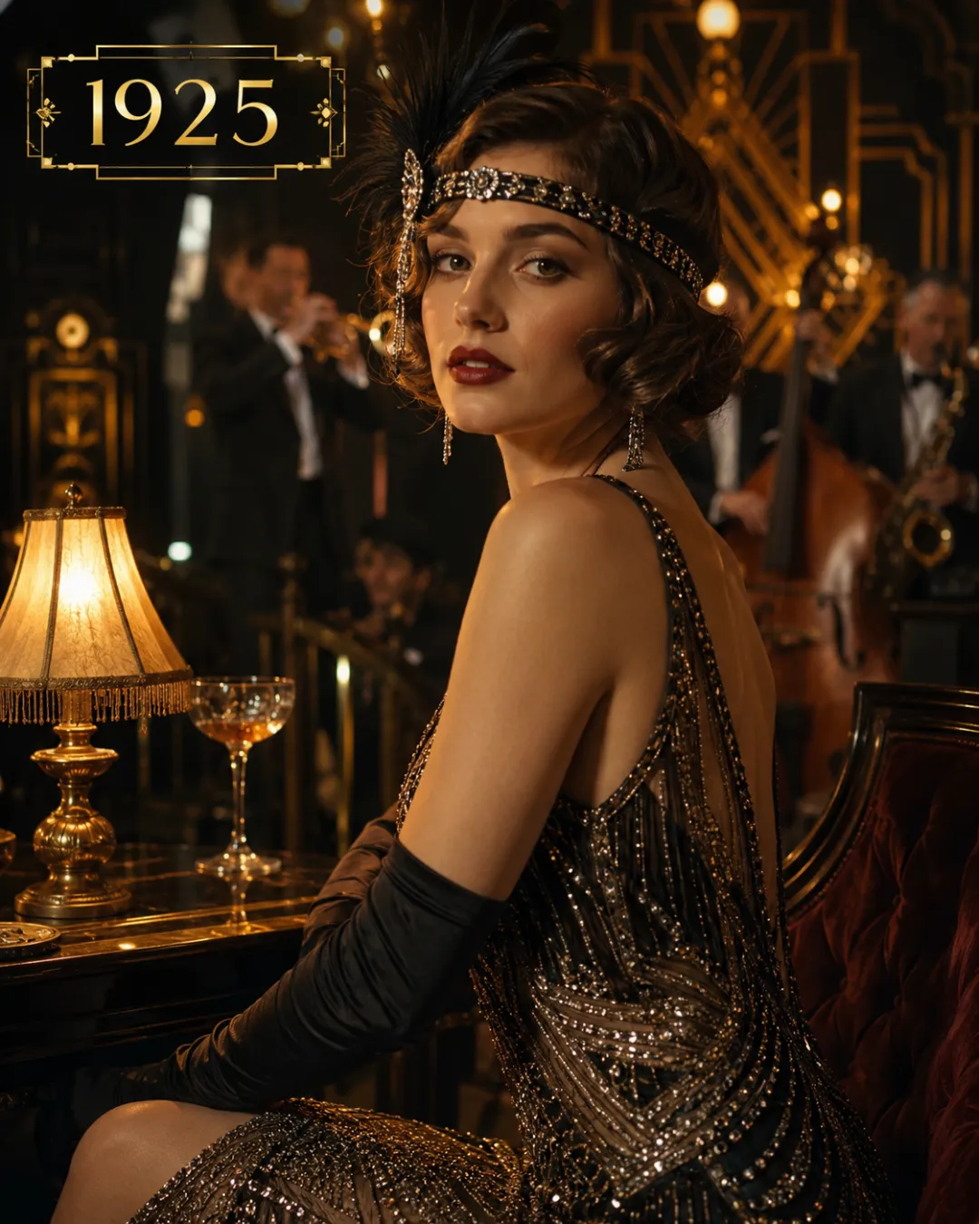 AI time travel video scene — a flapper at a 1925 art-deco jazz speakeasy