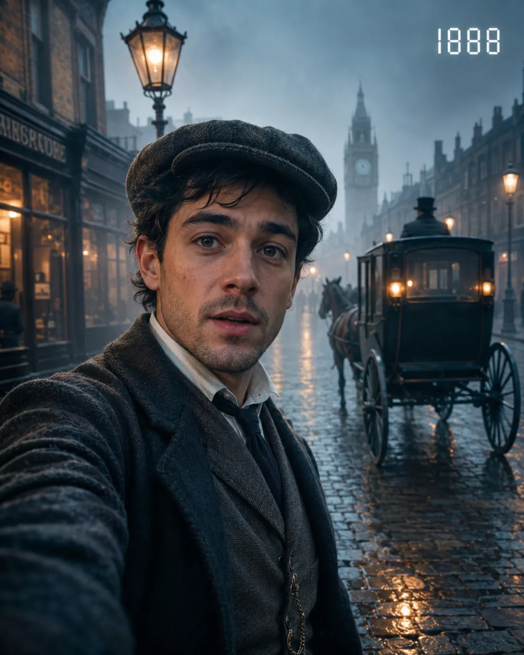 AI time travel video scene — a Victorian vlogger selfie on a foggy 1888 London street