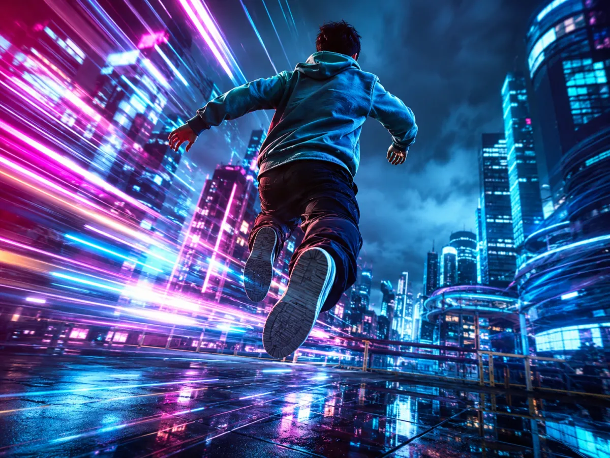 AI time travel video future time-jump reel — leaping into a neon city skyline