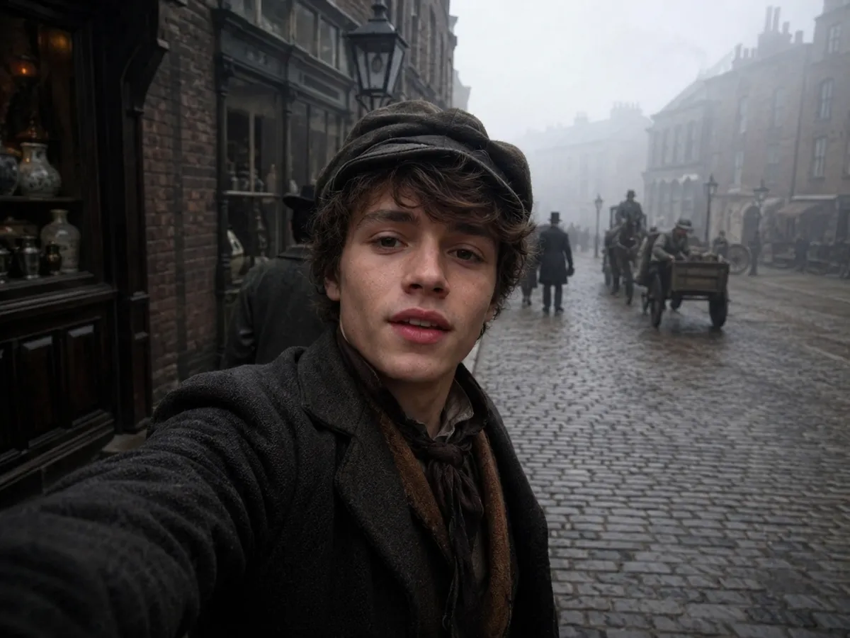 AI time travel video historical vlog — a period-dressed creator filming a selfie video