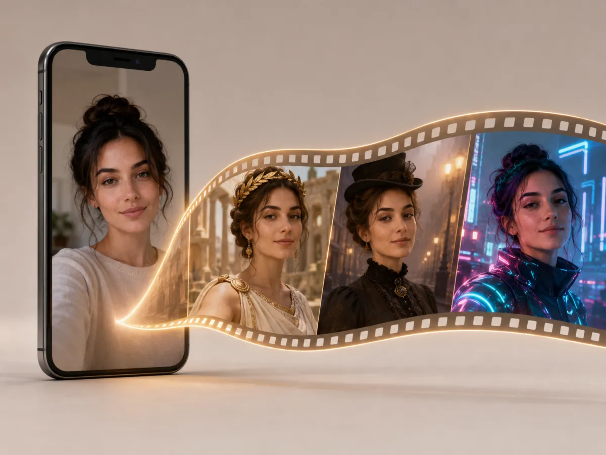 What is an AI time travel video — one selfie turned into clips of the same person across historical eras