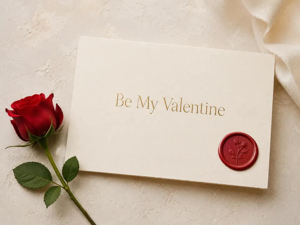 Ivory Be My Valentine card with a red wax seal and a single red rose on a textured cream surface