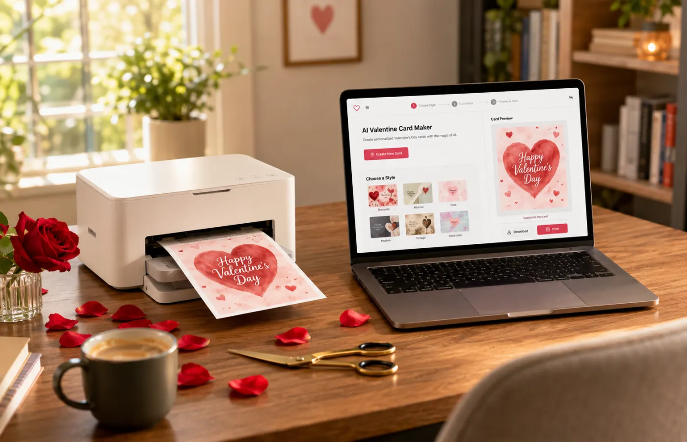Step 3 — a print-ready Valentine card emerging from a home photo printer next to a laptop showing the AI Valentine Card Maker interface