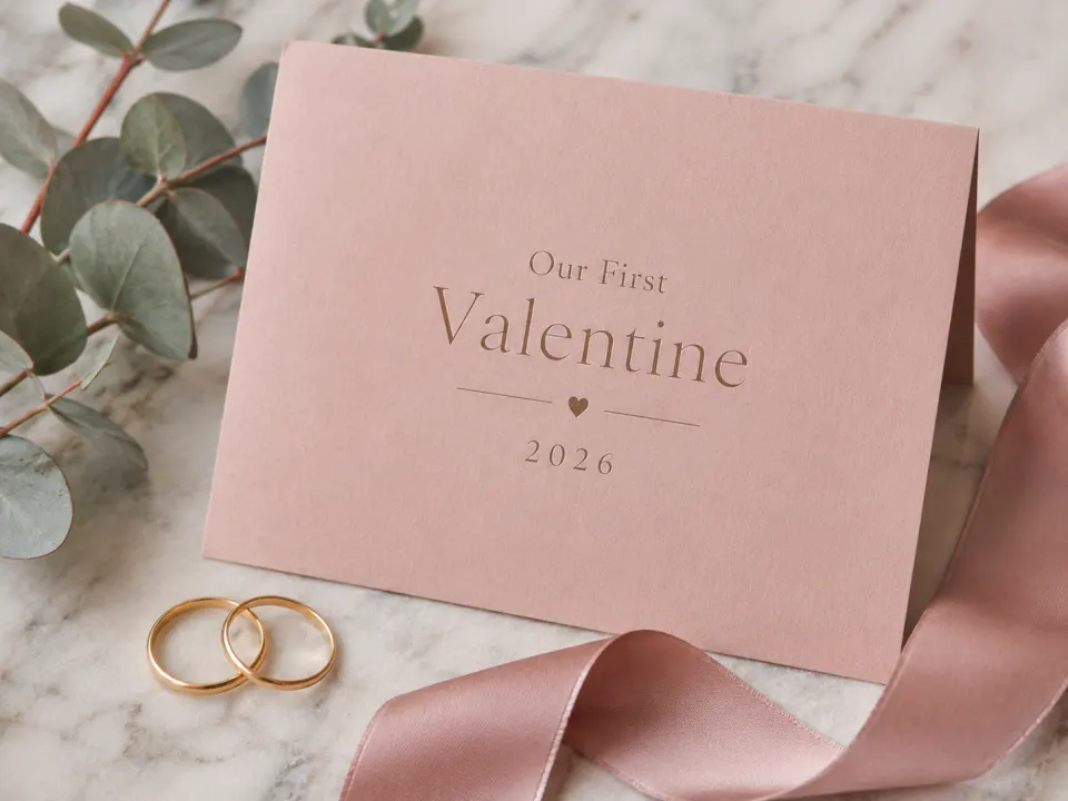 Pastel Our First Valentine card on marble with two gold rings and a eucalyptus sprig