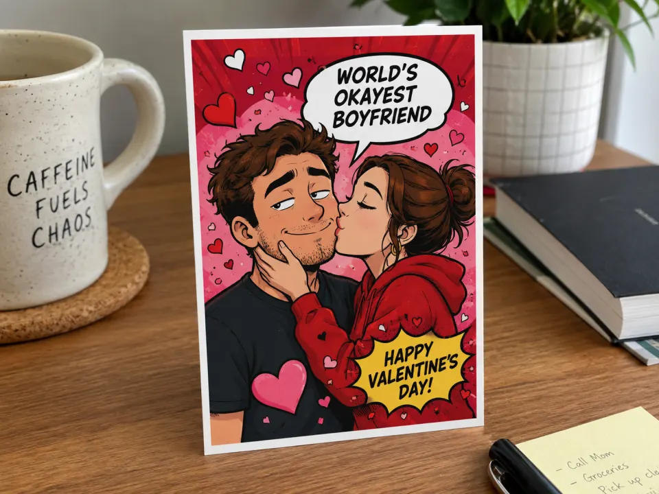 AI Valentine Card Maker output — funny pop-comic design reading World's Okayest Boyfriend with cartoon couple and confetti hearts